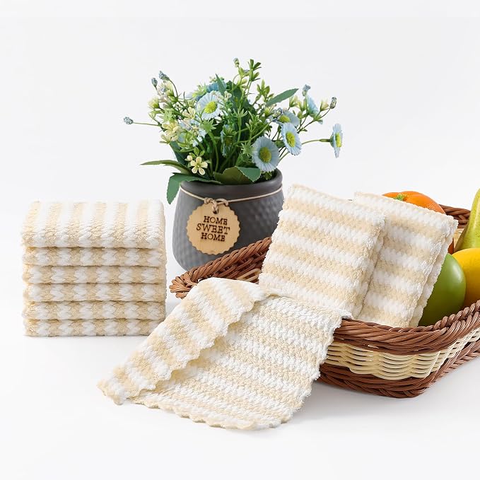 Homaxy 12 Pack Kitchen Dish Cloths, Ultra Soft and Absorbent Dish Towels, Reusable Fast Drying Microfiber Cleaning Cloth, Coral Velvet Wave Design No-lint, 7 x 9 inches, Beige