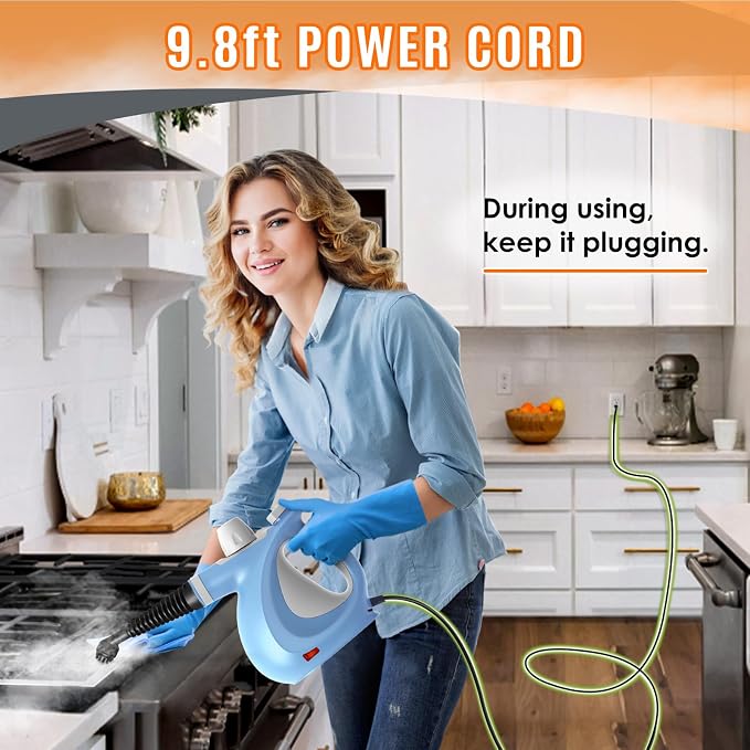 Phueut Pressurized Handheld Multi-Surface Natural Steam Cleaner with 12 pcs Accessories, Multi-Purpose Steamer for Home Use, Steamer for Cleaning Floor, Upholstery, Grout and Car (Blue)