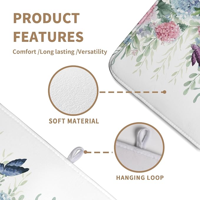 Spring Flowers Dish Drying Mat for Kitchen Counter Blue Pink Hydrangea Floral Drying Mats Absorbent Reversible Microfiber Dish Draining Mat Reusable Washable Dishes Pad Extra Large 18"x24"