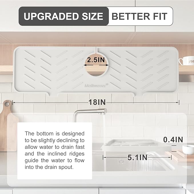 Silicone Faucet Mat for Kitchen Sink – Gen 2 Splash Guard with Upgraded Outlet & Slope – 18” x 5.1” Water Catcher & Sink Sponge Holder for Kitchen and Bathroom (Beige)