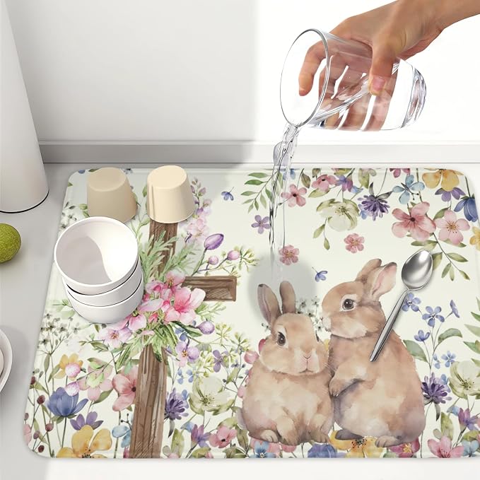 Easter Bunny Dish Drying Mat 18 x 24 Inch Rabbit Dish Drainer Rack Mat Colorful Floral Mat Absorbent Microfiber for Holiday Kitchen Coffee Dining Bar Decor