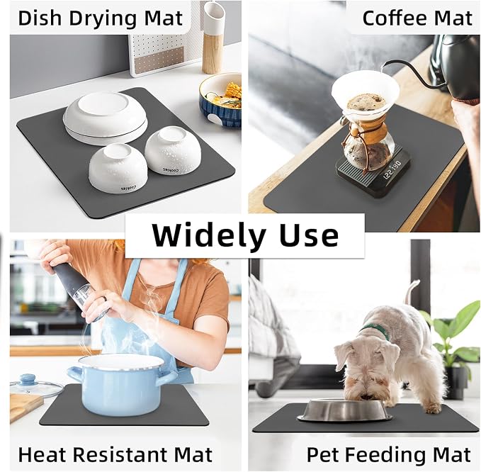 LOPNUR Kitchen Dish Drying Mat, 18"x16" Small Dish Drying Mats for Kitchen Counter, Diatomite Coffee Mat, Super Absorbent Dish Drying Pad, Heat Resistant Mat with Anti-slip Rubber Backed, Grey