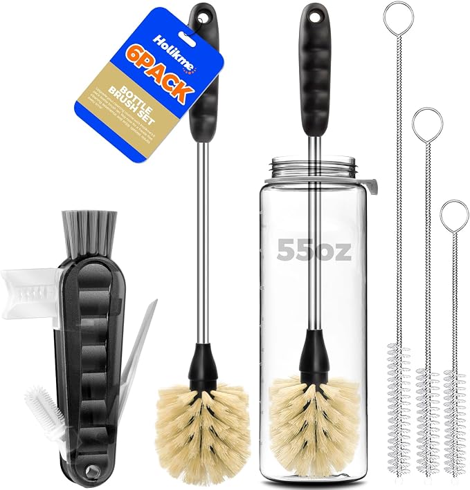 Holikme 6 Pack Bottle Brush Tube Set, 14" Long Handle Stainless Steel Bottle Cleaner Brush, 3 Straw Brushes, Portable 3-in-1 Bottle Cleaning Brush for Water Bottle Cups Baby Bottle Straws, Yellow