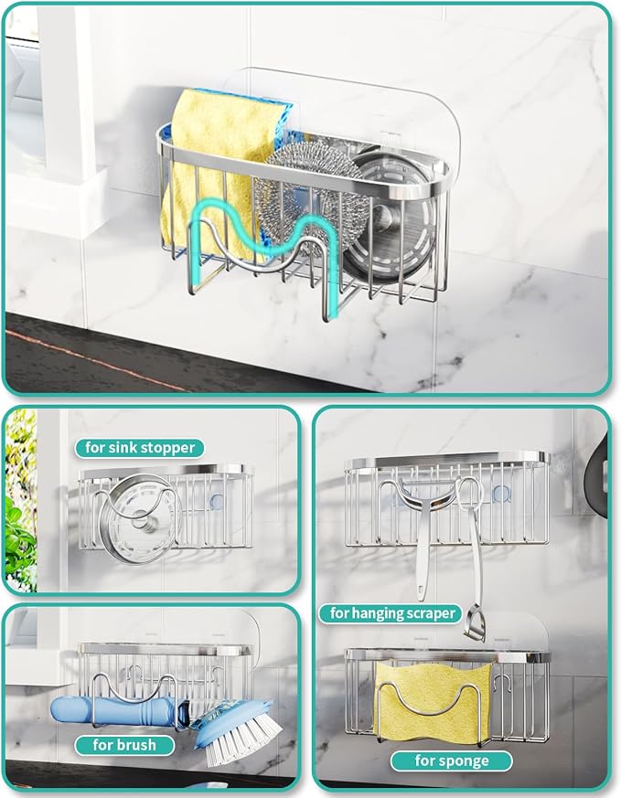 HapiRm Kitchen Sponge Holder for Sink - 2 Installation Methods Kitchen Sink Caddy Organizer with Unique M-Shaped, Rustproof Stainless Steel Sponge Caddy - Silver (Large)