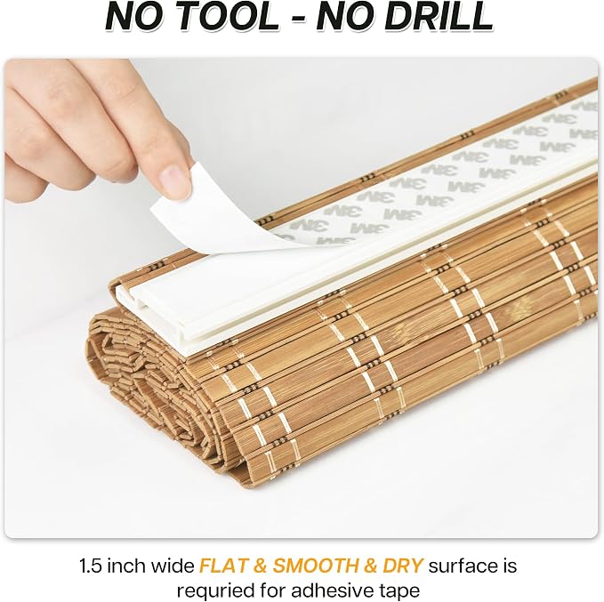 LazBlinds No Drill Bamboo Roller Shades, Brown206, 12" W x 70" H | No Tools Cordless Bamboo Blinds, Light Filtering Roll Up Blinds for Windows, French Door, Porch or Patio Privacy Screen