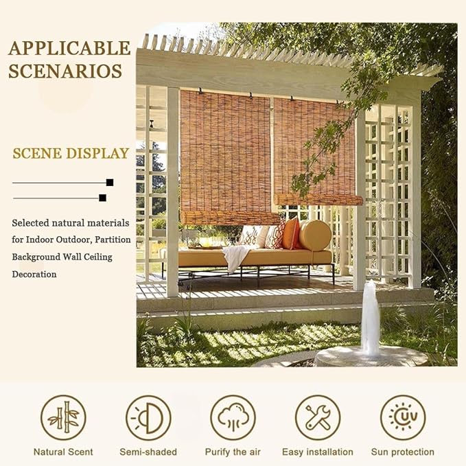 Bamboo Shades for Outdoor Patio, Waterproof Bamboo Blinds, 36" 47" 55" 60" 65" 72" 79" Blackout Reed Roller Shades with Lifter for Porch, Patio, Yard, Windows(Brown,24" W x 48" H)