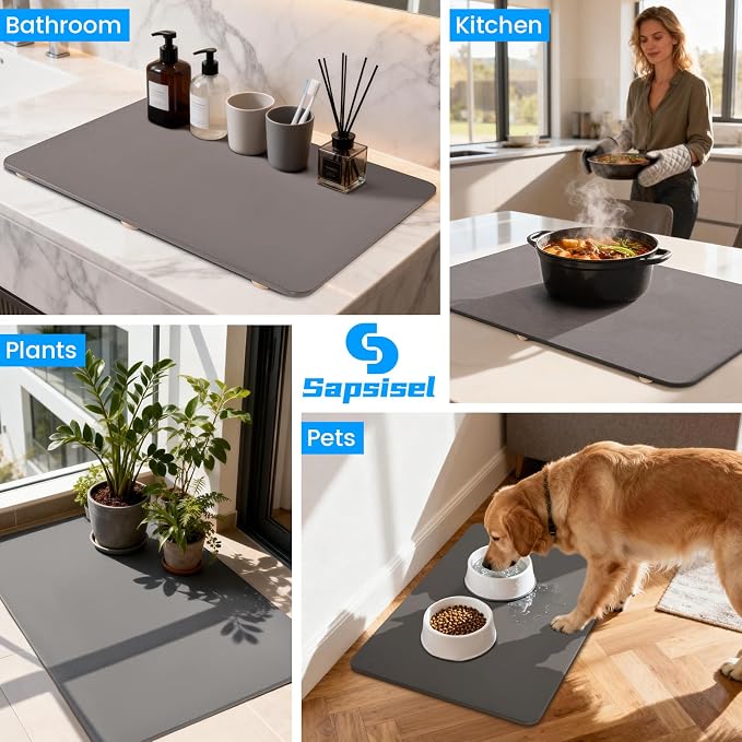 Sapsisel Large Stone Drying Mat for Kitchen Counter, 24" x 16", Quick Dry Absorbent Diatomaceous Stone Mat, Dish Drying Stone for Kitchen Counter