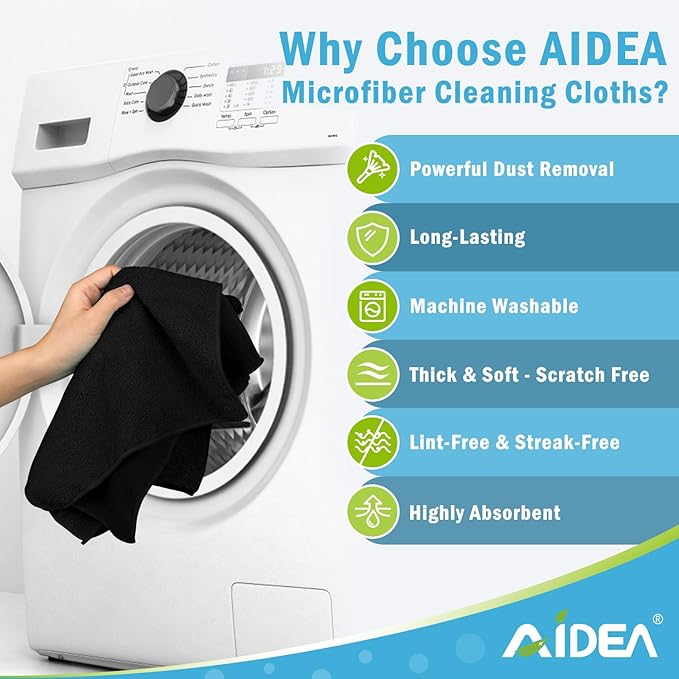 AIDEA Black Microfiber Cleaning Cloth-50PK, Cleaning Rags 12"x12" Absorbent | Microfiber Towels for Cars Lint Free, Reusable Microfiber Rags, Kitchen Towel Dusting Cloth, Dish Rags for Home/Window