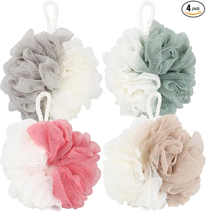 Fu Store Loofah Sponge Shower Loofahs 50g Bath Sponges Mesh Balls 4 Colors for Body Scrubber Exfoliator Wash Back Scrubbers Bathroom Men Women 4 Pack Cleaning Bathing Accessories