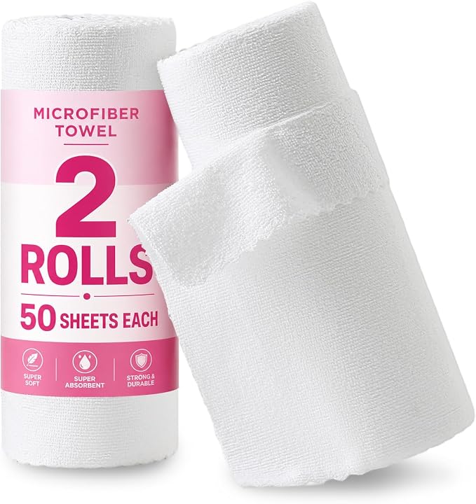 Jessy Home 2 Roll Reusable Paper Towels,100 Sheets Tear Away Microfiber Cleaning Cloth, Lint Free Cleaning Rags for Kitchen, Dishcloth,Household Cleaning Supplies