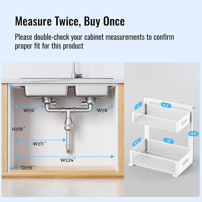 TISTAYA Full Metal Under Sink Organizer, Pull Out Cabinet Organizers and Storage, Silk-Smooth Sliding Drawer for Kitchen, Bathroom, Pantry, Cabinet, Closet (White, 2 Pack)