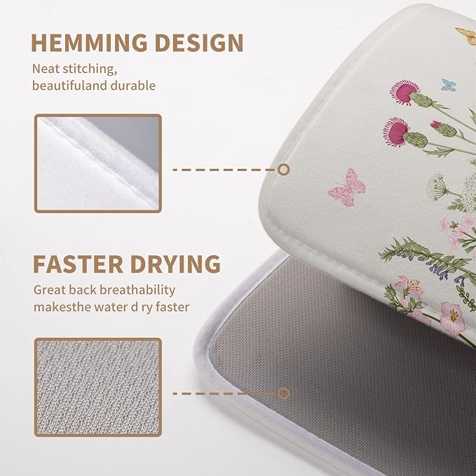 Wildflower Floral Dish Drying Mat for Kitchen Counter Vintage Rustic Flower Drying Mats Spring Summer Herb Plant Absorbent Microfiber Dishes Pad Washable Dish Draining Mat Medium 16"x18"