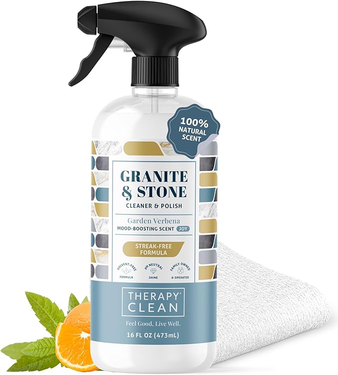 Therapy Granite & Stone Cleaner and Polish, pH Neutral, Marble & Quartz | Includes microfiber cloth. Safe for granite, marble, quartz, soapstone, slate, limestone, corian & laminate.