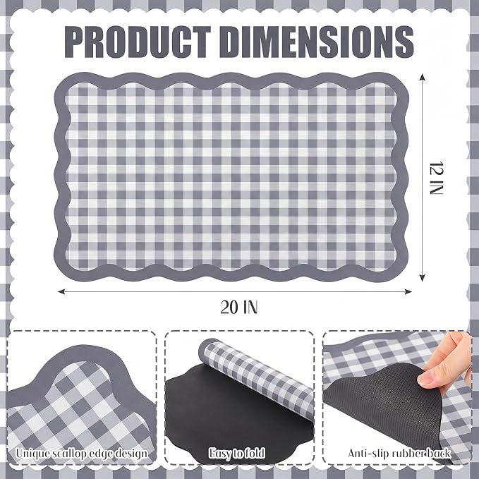 Scalloped Gingham Coffee Mat 12" x 20" Absorbent Coffee Bar Mat Gingham Espresso Matt for Counter(Gray)