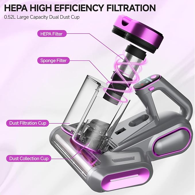 Mattress Vacuum Cleaner - 16Kpa Bed Vacuum with 253.7nm UV-C Light, 140°F Heat, Ultrasonic Tech & Hepa Filter, Portable Handheld Couch Cleaners for Pet Carpet Sofa Hair Home, Purple-Cordless
