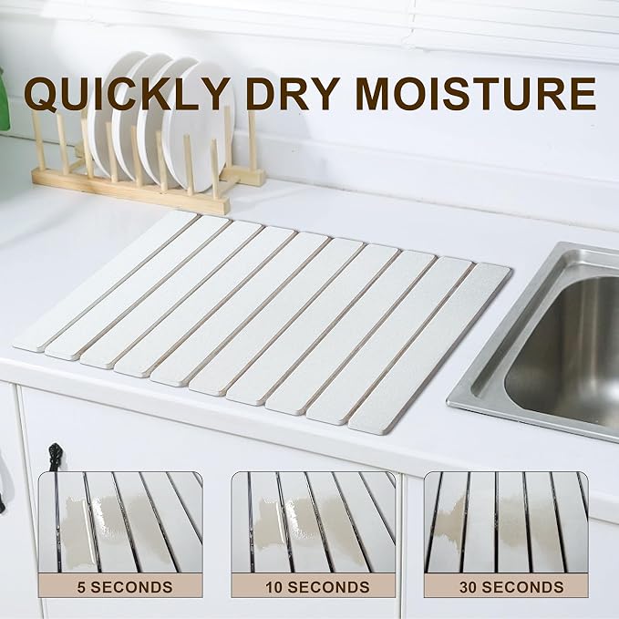 Large Stone Dish Drying Mat for Kitchen Counter, 24"×16" Quick Dry Collapsible Diatomaceous Earth Mat – Super Absorbent Foldable Drying Pad for Dishes (White, 23.2" x 15.4")
