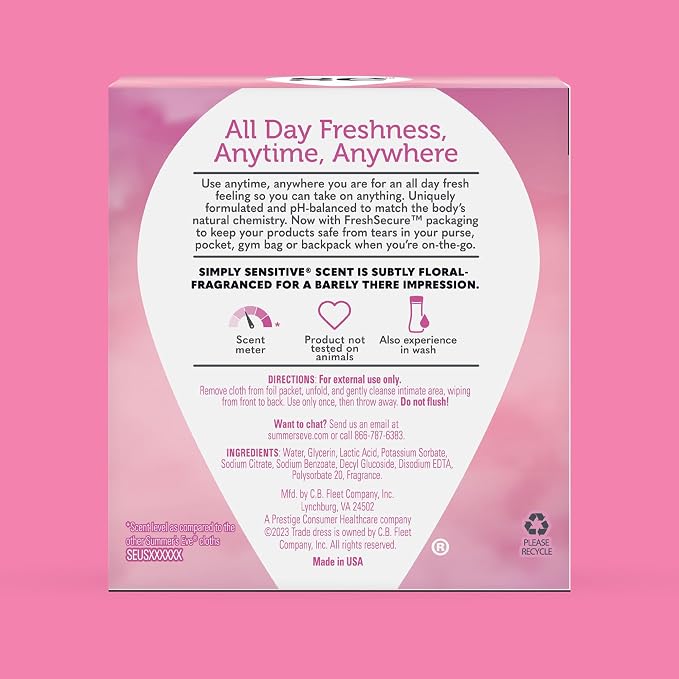 Summer's Eve Simply Sensitive Feminine Wipes, Gentle pH-Balanced Micellar Water Based Formula Helps Control Vaginal Odor, Individually Wrapped Wipes, 12 Count