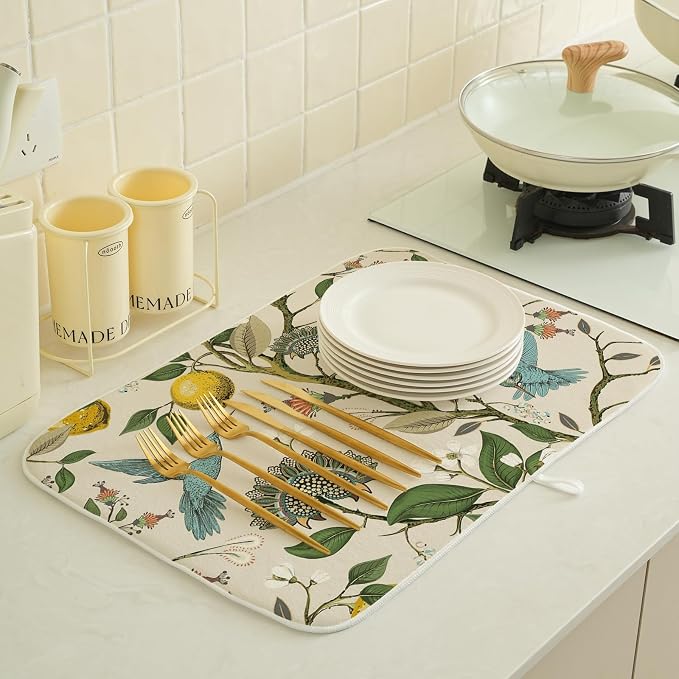 Boho Dish Drying Mat 18x24 Inch Vintage Lemon Floral Blue Bird Drying Mat Chinoiserie Flower Spring Summer Seasonal Absorbent Dish Drying Pad Dish Rack Drainer Mats for Kitchen Dining Counter