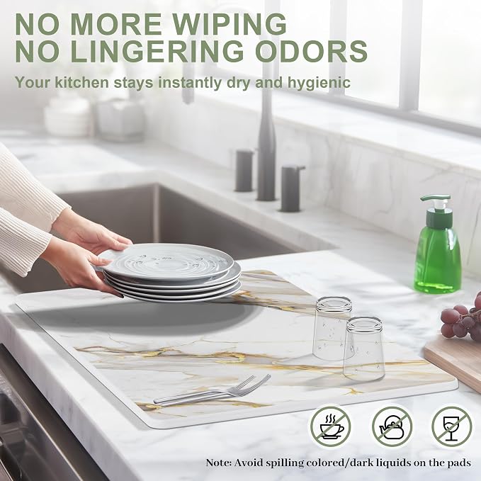 Large Stone Drying Mat for Kitchen Counter, 24" × 16" Diatomite Dish Drying Mat, Quick Dry Stone Mats, Ultra Absorbent Natural Diatomaceous Earth Mats for Dished, Bottles, White Marble