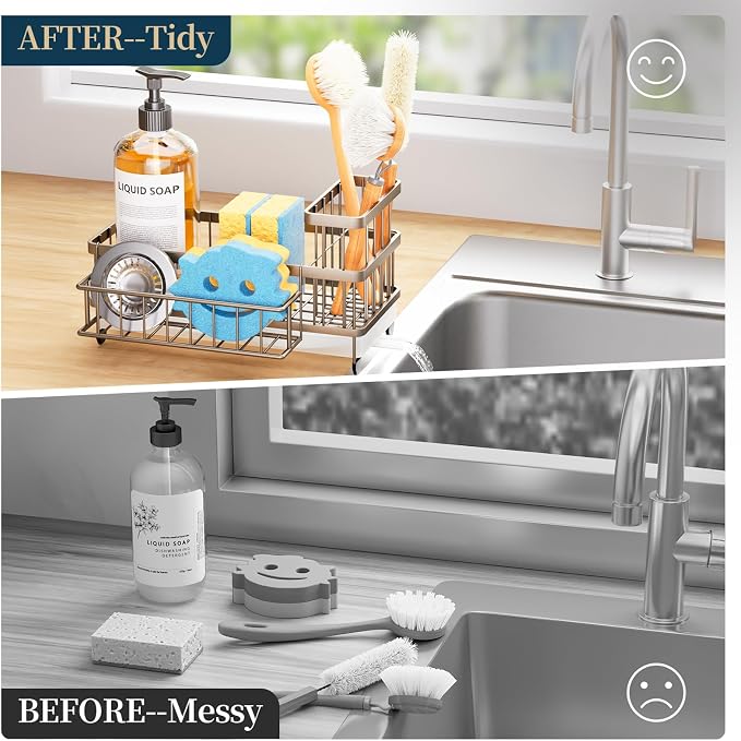 Consumest Sponge Holder for Kitchen Sink - Auto Draining Sink Caddy Organizer with Detachable Rack, High Brush Holder, Kitchen Countertop Storage Accessories, Sand Nickel