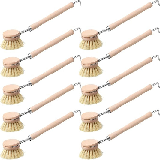 Maxdot 10 Pcs Kitchen Dish Brush with Beechwood Handle Natural Wooden Handle Scrub Brush Fiber Bristles Dish Scrub 2 Inch Replacement Head for Pots Pans Utensils Washing Supplies