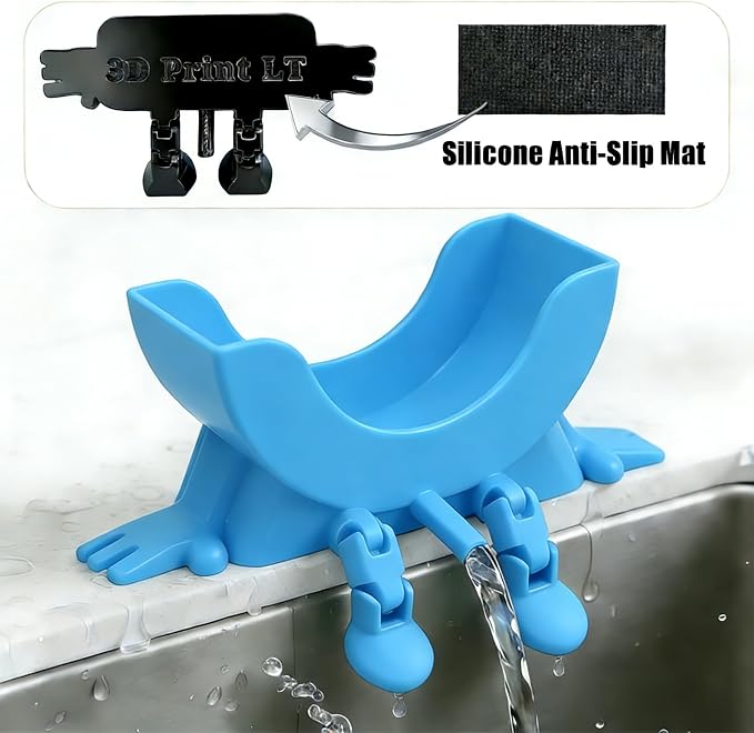 Cute Hanging Sponge Holder with Drainage,3D Printed Kitchen Funny Sponge Stand for Sink,with Non-Slip Pads,Suitable for Scrub Daddy Holder,Keeps Your Sponge Dry Smiling (Blue)