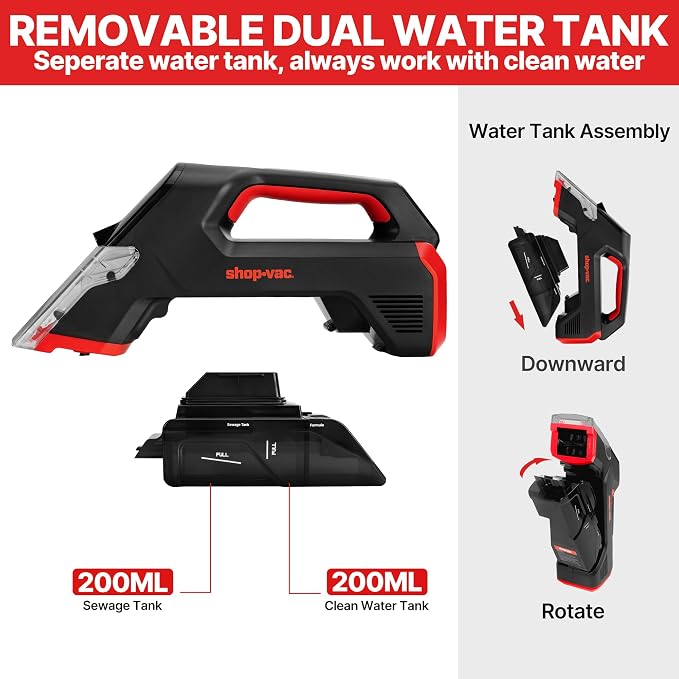 Shop-Vac 3-in-1 Cordless Spot Cleaner, Handheld Upholstery Cleaner with Spray, Rolling Brush and 5.5kPa Suction, 2 Water Tanks, USB-C Rechargeable | Spray & Rolling Brush Cleaning, 2 Water Tanks, USB-C Rechargeable, Ideal for Sofa, Car Seat, and Uphols...