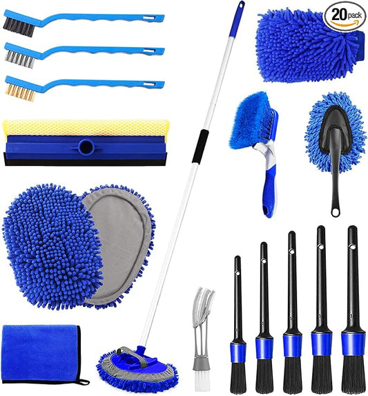 62'' Car Wash Brush Kit - Mitt, Mop, Sponge & Long Handle, Scratch-Free Chenille Replacement Head, Wheel Tire Brush, Car Detailing Kit for Cars, RV, Truck