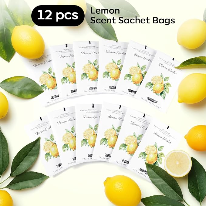 MYARO 12 Packs Lemon Scented Sachets for Drawer Closet Bathroom Odor Eliminator - Fresh Home Fragrance Car Air Frehener