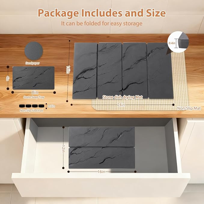 Large Stone Dish Drying Mat for Kitchen Counter, 2 PCS Quick Dry Diatomaceous Earth Dish Mat Set – Foldable Water Absorbing Kitchen Accessories for Countertop(Dark Gray 24"x16"&8"x4")