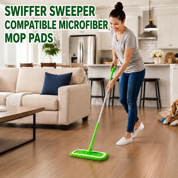 4 Pack Reusable Microfiber Mop Pads Compatible with Swiffer Sweeper, Washable Wet & Dry Mopping Pad Refills for Hardwood, Pet Hair, Laminate, Marble, Multi-Surface Floor Cleaning