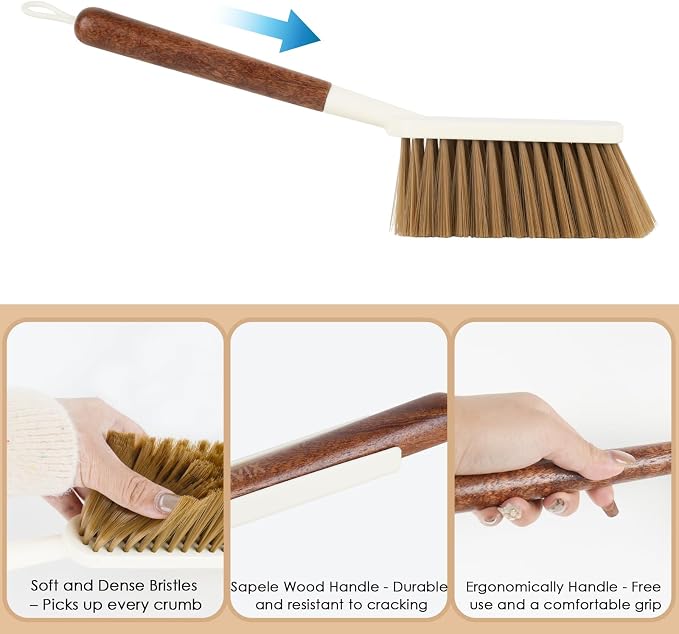 Hand Broom and Dustpan Set,Portable Small Dustpan and Brush Set with Sapele Wood Handle,Teeth Design,Compact Hangable Broom with Dustpan for Cleaning Desktops Kitchen Sofa Pet Hair,Beige