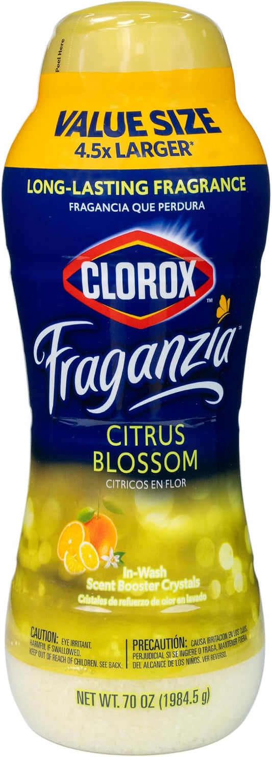 Clorox Fraganzia Laundry Scent Booster Crystals, In-Wash Fragrance Beads for Fresh-Smelling Clothes & Linens, Safe for All Fabrics & Colors, Easy-Pour Bottle, Citrus Blossom Scent, 70 Oz