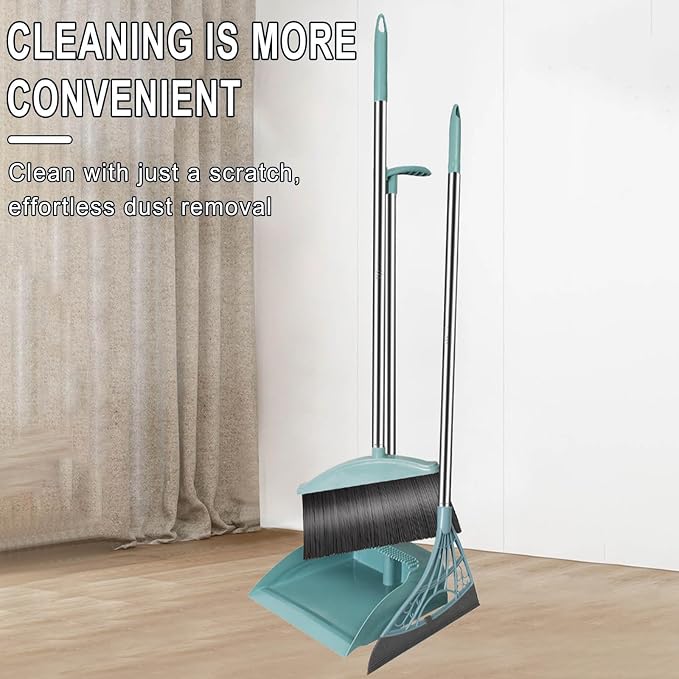 Long Handle Broom and Dustpan Set with 39.5" Squeegee Broom, Upright Standing Lobby Broom and Dust Pan and Rubber Broom, Indoor Broom with Dustpan Set for Home Kitchen Room Office Floor