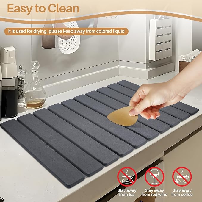 2 PCS Quick Dry Stone Dishes Mats for Kitchen Counter,Collapsible Quick Drying Dish Mats,Ultra Absorbent Diatomaceous Earth Mats for Dishes Bottles Cups, Match Any Countertop（Dark Gray 24"×16"& 8"x4"）