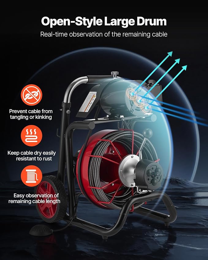 VEVOR Drain Cleaner Machine 100 FT x 1/2 Inch Auto Feed Sewer Snake Auger | Portable on Wheels, with 8 Cutters &, Air-Activated Foot Switch, Fits 2" to 6" Pipes