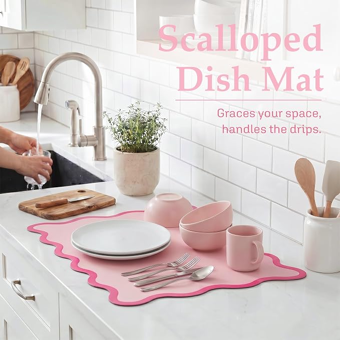 Scalloped Dish Drying Mat for Kitchen Counter, Absorbent Easy Clean Non-slip Coffee Bar Station Accessories, Trendy Cute Aesthetic Modern Drainer Kitchen Drying Mat, Pink 15" x 24"