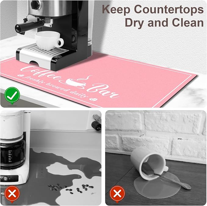 CooRug Absorbent Coffee Mat, Fashion Dish Drying Mat for Kitchen Counter Coffee Bar Accessories Espresso Machine Dish Rack 16" x 24" Pink