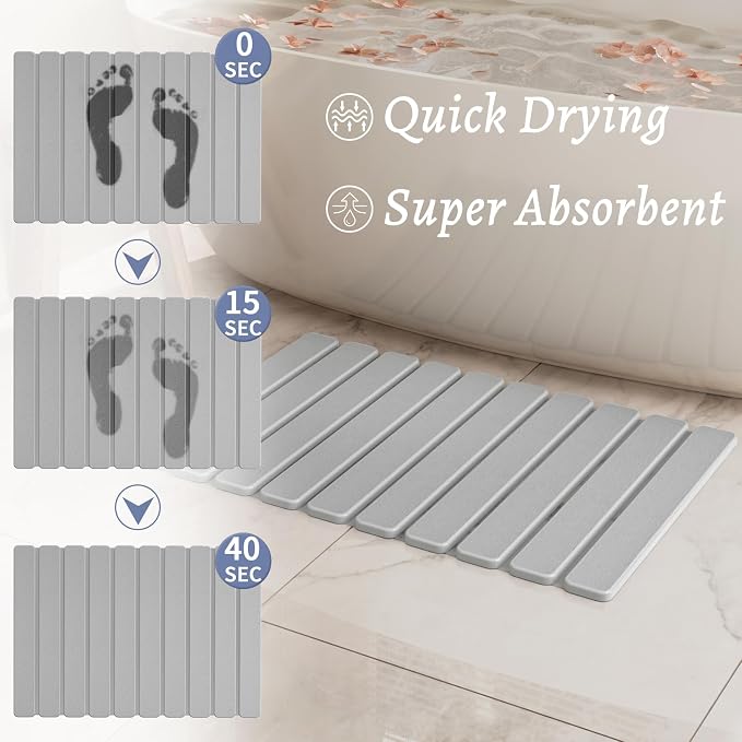 Foldable Stone Bath Mat, Quick Dry Stone Drying Mats for Bathroom, Super Absorbent Rollable Bath Mat, Non Slip, Large Diatomaceous Earth Dish Drying Mats for Kitchen Counter, 23.5 x 15.4in