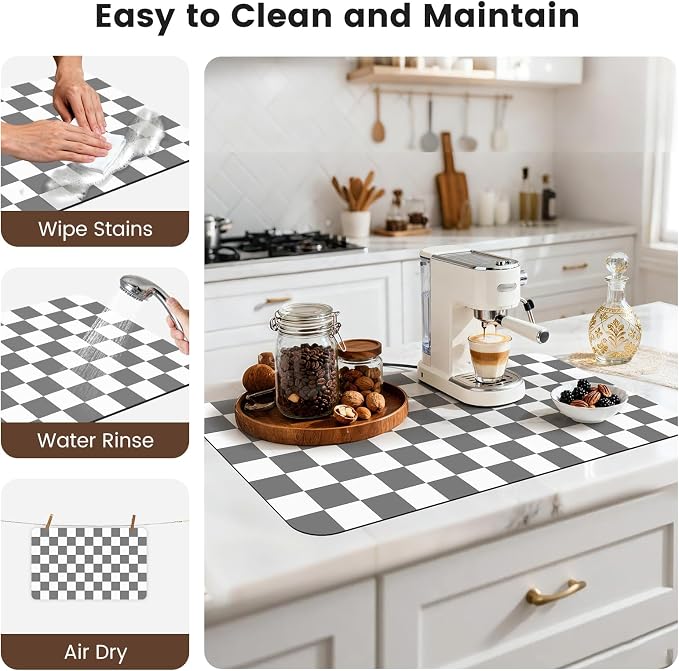 17" x 32" Checkered Dish Drying Mat for Kitchen Counter, Absorbent Coffee Bar Mat for Espresso Machine Coffee Countertops Accessories, Grey