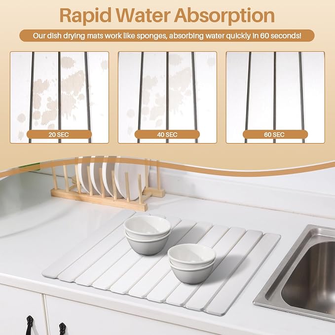 2 PCS Quick Dry Stone Dishes Mats for Kitchen Counter,Collapsible Quick Drying Dish Mats,Ultra Absorbent Diatomaceous Earth Mats for Dishes Bottles Cups, Match Any Countertop（White 24"×16"& 8"x4"）