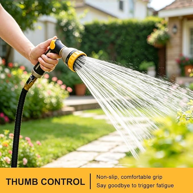 FANHAO Thumb Control Garden Hose Nozzle Heavy Duty Metal, 8 Spray Patterns | Rustproof Leakproof, Non-Slip Ergonomic Grip, High Pressure Water Hose Sprayer for Watering Plant, Washing Car, Patio, Pet