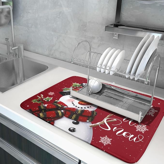 Christmas Dish Drying Mat for Kitchen Counter Snowman Let It Snow Microfiber Absorbent Dish Draining Reusable Washable Foldable Extra Large 18"x24"
