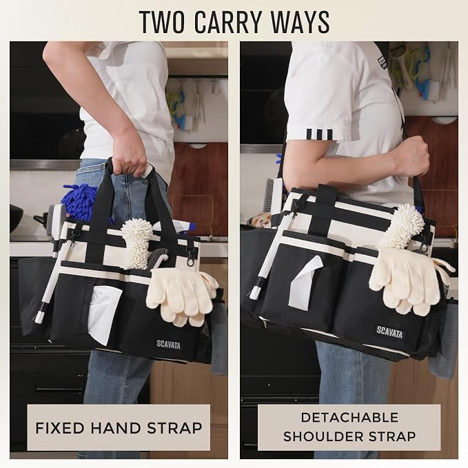 SCAVATA Compact Wearable Cleaning Caddy with Handle & Shoulder Straps | Small Cleaning Supplies Organizer, Under Sink & Car Cleaning Tools Storage Bag for Housekeepers Cleaners, Cream White