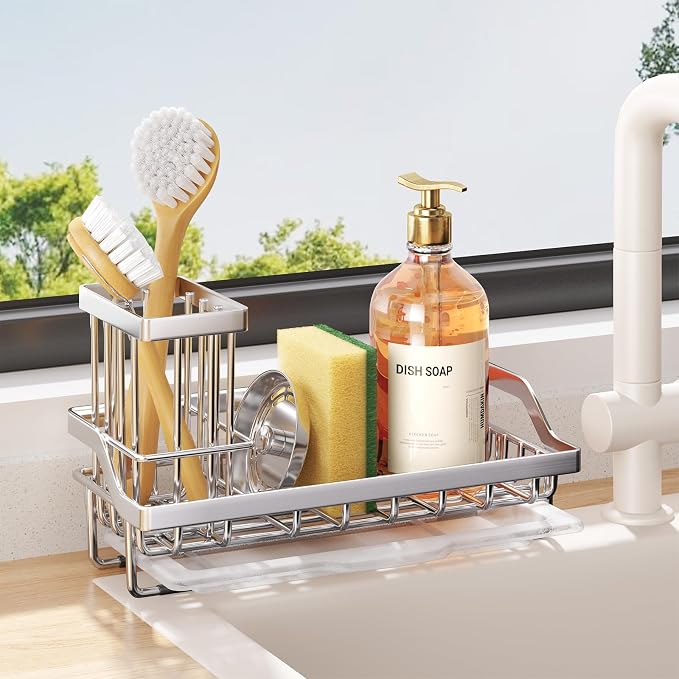 Consumest Sink Caddy, Kitchen Sponge Holder with Dish Brush Holder, Kitchen Organizer with Drip Tray for Countertop, Stainless Steel Rustproof - Silver