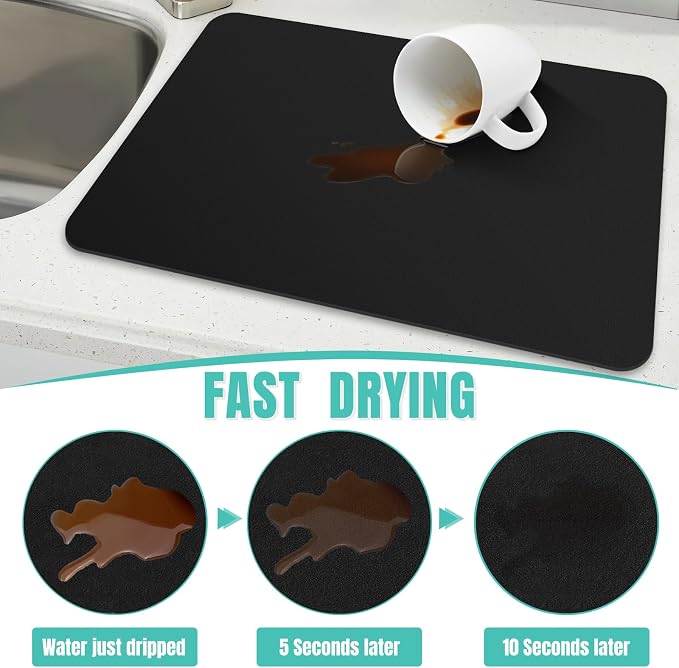 WISELIFE Coffee Mat Super Absorbent Dish Drying Mat Coffee Bar Accessories Match with Machine Large Drying Mats for Kitchen Counter 17" W x 30" L, Black