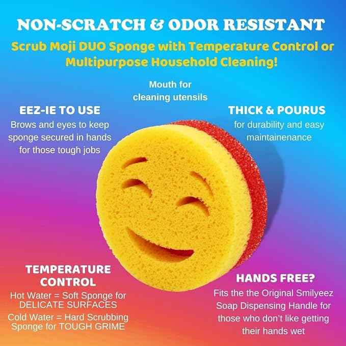 Smilyeez Scrub Moji Duo Scrubbing Sponge (Set of 3) Dual-Sided Scrub Sponges Multipurpose Sponge Scratch-Free Stain and Odor Resistant