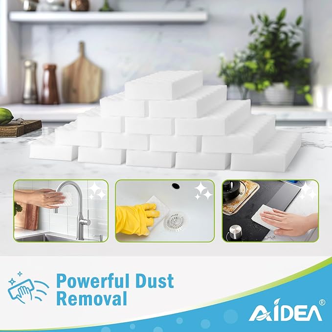 AIDEA Magic Sponges Cleaning Eraser, 2X Density Stronger Sponge for Household, Powerful Scrubber Foam Pads, Multi-Surface Cleaning Supplies for Kitchen, Furniture, Bathroom, Sink, Wall, 48 Pads
