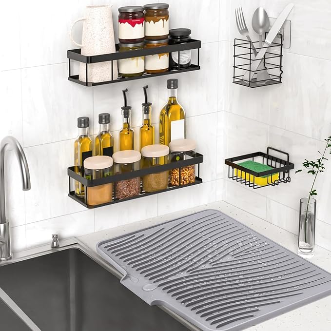 TIKNIK Silicone Dish Drying Mat for Kitchen Counter - Heat Resistant & Non-Slip Dish Drain Pad with Built-In Drain, Dishwasher Safe, Quick-Dry, Hangable & Roll-Up for Storage, Grey-1pcs, 20" x 15"