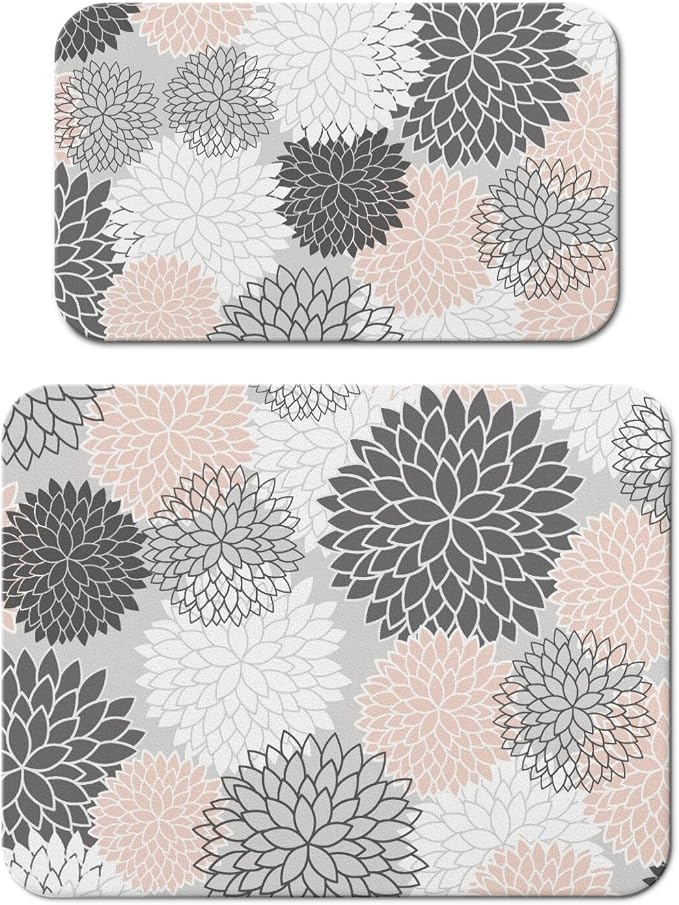 Dish Drying Mat 2-Pack Grey Pink Dahlia for Kitchen Counter Dishes Mat | Diatom Mud Mats (18x24, 19.5x12"). Non-slip rubber back for kitchen counter, coffee bar & sink scenes